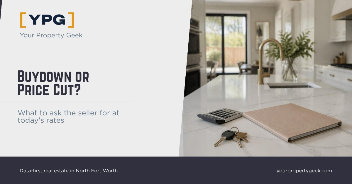 Buydown or price cut? Featured image showing house keys, a closing folder, and a calculator on a kitchen counter