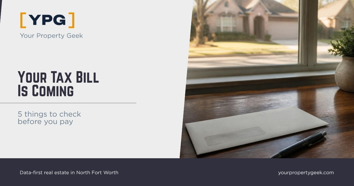 Your tax bill is coming. Featured image showing a property tax envelope and pen on a table by a window